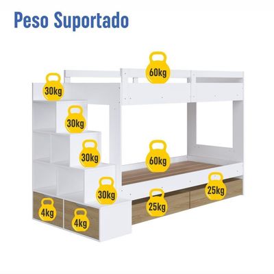 Cama Beliche Infantil Bicama 2,32m Escada Nichos Gavetas Branco com Aveiro Oak