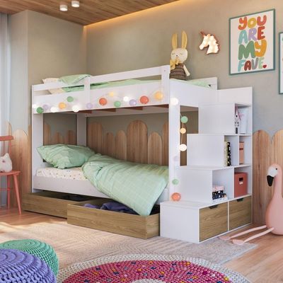 Cama Beliche Infantil Bicama 2,32m Escada Nichos Gavetas Branco com Aveiro Oak