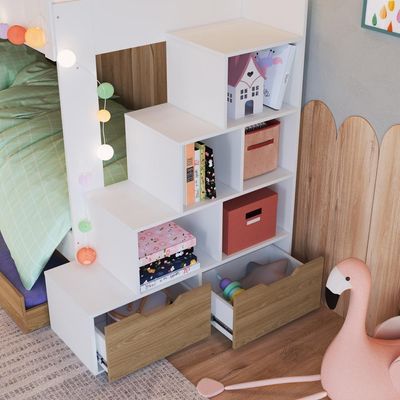 Cama Beliche Infantil Bicama 2,32m Escada Nichos Gavetas Branco com Aveiro Oak