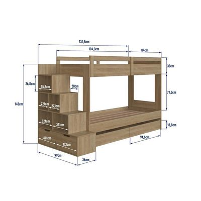 Cama Beliche Infantil Bicama Menino Menina 2,32m Com Escada, Nichos E Gavetas Com Rodas Aveiro Oak