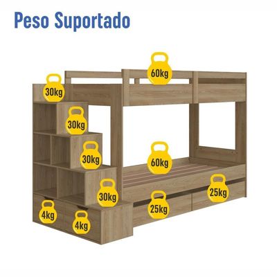 Cama Beliche Infantil Bicama Menino Menina 2,32m Com Escada, Nichos E Gavetas Com Rodas Aveiro Oak