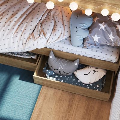 Cama Beliche Infantil Bicama Menino Menina 2,32m Com Escada, Nichos E Gavetas Com Rodas Aveiro Oak