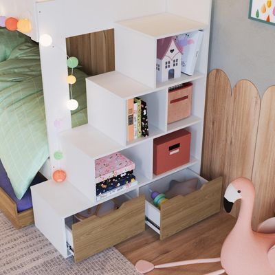 Cama Beliche Infantil Bicama 2,32m Escada Nichos Gavetas Branco com Aveiro Oak