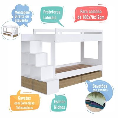 Cama Beliche Infantil Bicama 2,32m Escada Nichos Gavetas Branco com Aveiro Oak