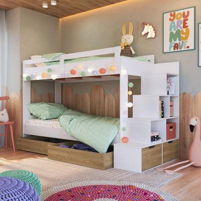 Cama Beliche Infantil Bicama 2,32m Escada Nichos Gavetas Branco com Aveiro Oak
