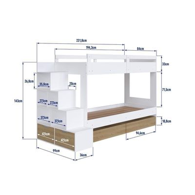 Cama Beliche Infantil Bicama 2,32m Escada Nichos Gavetas Branco com Aveiro Oak