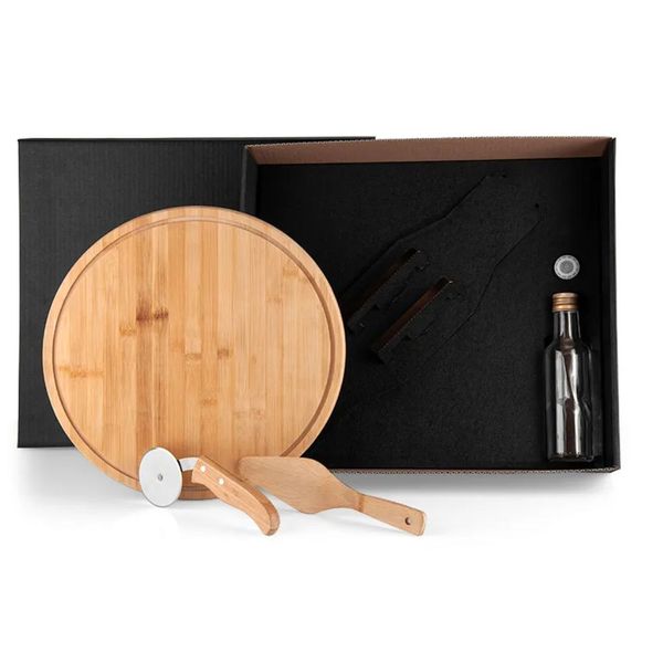 Kit Para Pizza Com Garrafa - Bambu - Inox - Vidro - 4 Peças