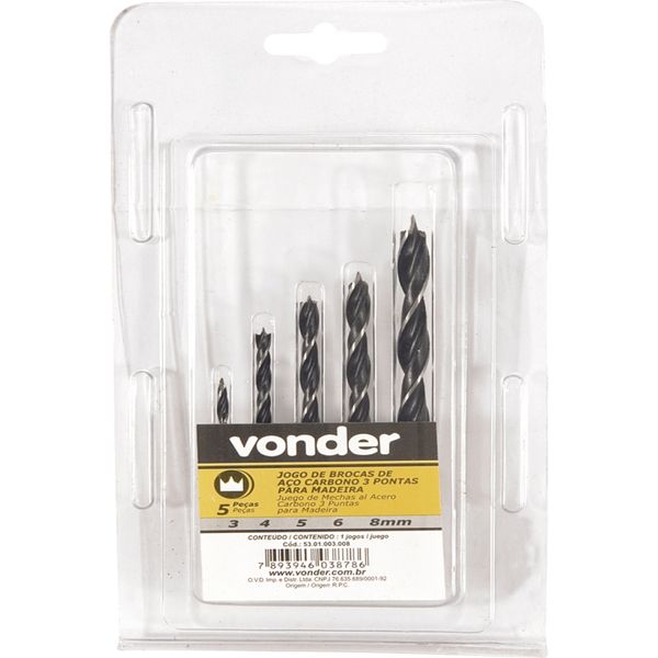 Jogo Broca 3 Pontas Aço Carbono 3 À 8mm Para Madeira Com 5 P