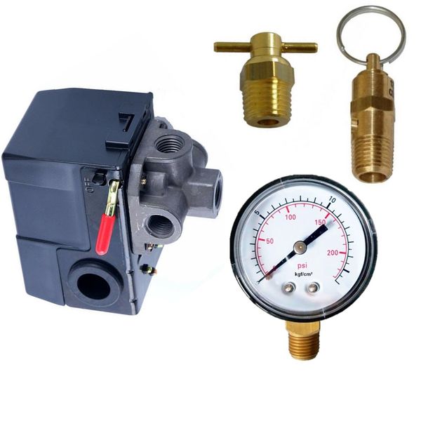 Kit Manômetro Segurança Dreno Pressostato 4 vias BP Kit Manômetro Segurança Dreno Pressostato 4 vias BP