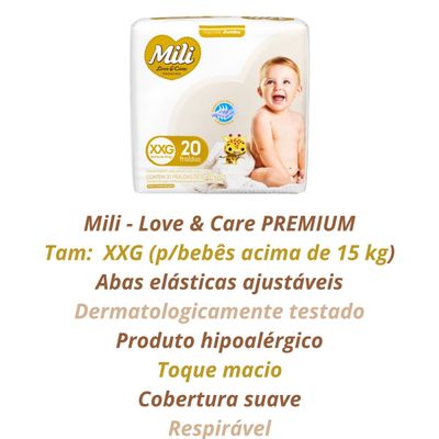 Fralda Descartável Mili- Love&Care- Linha Premium- Tam XXG- 6 Pacotes c/ 20 (Total 120 fraldas)