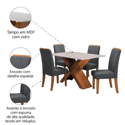 Conjunto Mesa de Jantar 4 Cadeiras Grécia com Tampo de Vidro 1,36m - Dobuê - Madeirado/Grafite