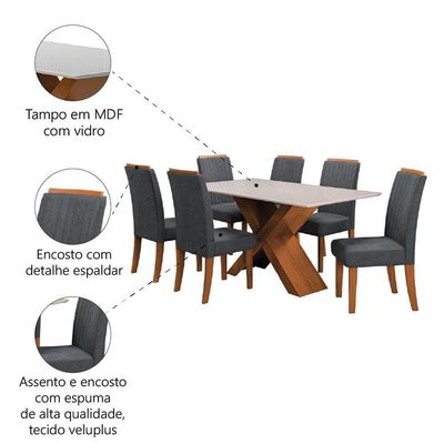 Conjunto De Mesa Sala De Jantar Tampo Com Vidro 1,60m 6 Cadeiras Grécia Dobuê Madeirado/grafite