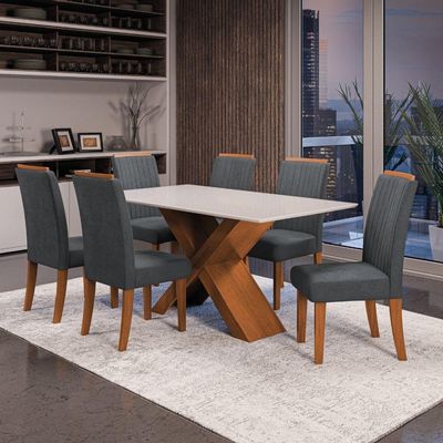 Conjunto De Mesa Sala De Jantar Tampo Com Vidro 1,60m 6 Cadeiras Grécia Dobuê Madeirado/grafite