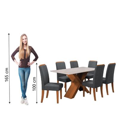 Conjunto De Mesa Sala De Jantar Tampo Com Vidro 1,60m 6 Cadeiras Grécia Dobuê Madeirado/grafite