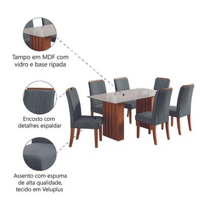 Conjunto De Mesa Sala De Jantar Ripada Tampo Com Vidro Santiago 1,60m 6 Cadeiras Grécia Dobuê Madeirado/grafite