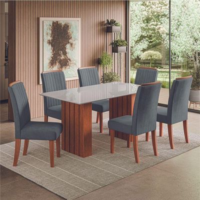 Conjunto De Mesa Sala De Jantar Ripada Tampo Com Vidro Santiago 1,60m 6 Cadeiras Grécia Dobuê Madeirado/grafite