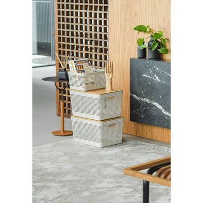 Cesto Roupa Grid Chumbo 49 L Tampa Bambu 38 X 28 X 55,6 Cm