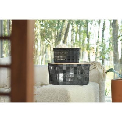 Cesto Roupa Grid Chumbo 49 L Tampa Bambu 38 X 28 X 55,6 Cm