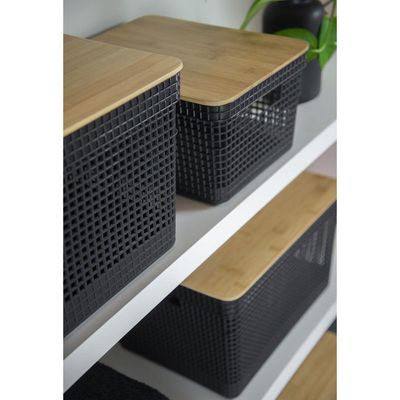 Cesto Roupa Grid Chumbo 49 L Tampa Bambu 38 X 28 X 55,6 Cm