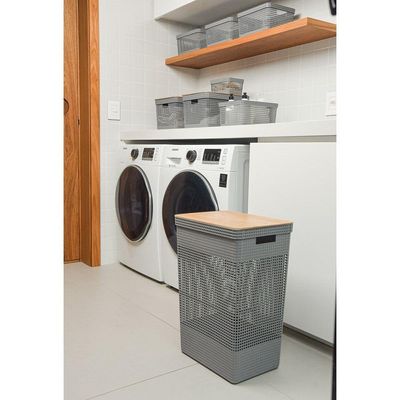 Cesto Roupa Grid Chumbo 49 L Tampa Bambu 38 X 28 X 55,6 Cm