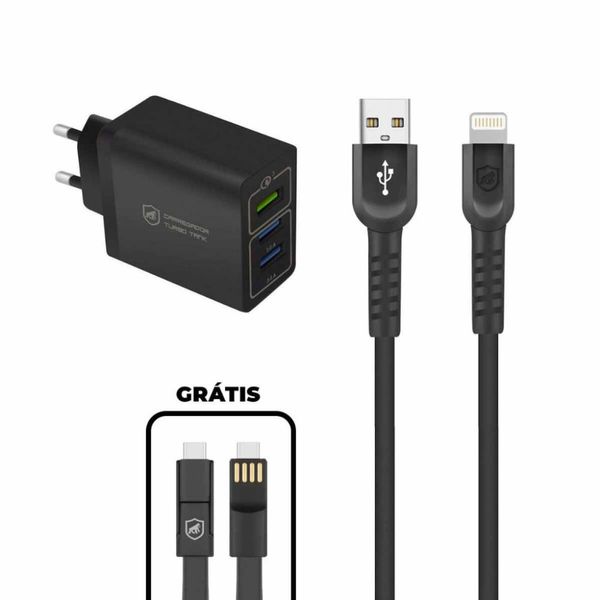 Kit Carregador Triplo Turbo + Cabo Dual Shock Lightning + Cabo de Brinde - Gshield