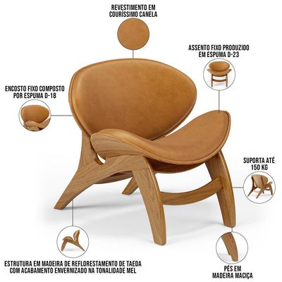 Kit 4 Poltronas Decorativa Orgânica Sala Living Kadosh L02 Couríssimo Canela - Lyam Decor