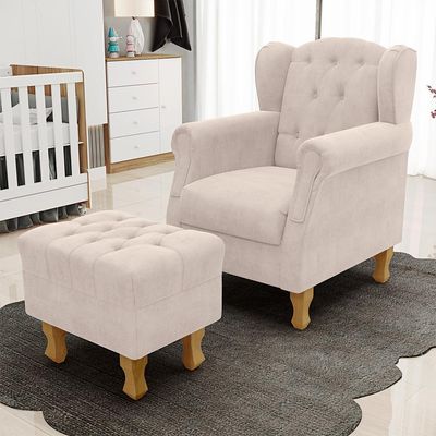 Poltrona De Amamentação Yara P02 Com Puff Paris Luis Xv L02 Suede Bege - Lyam Decor