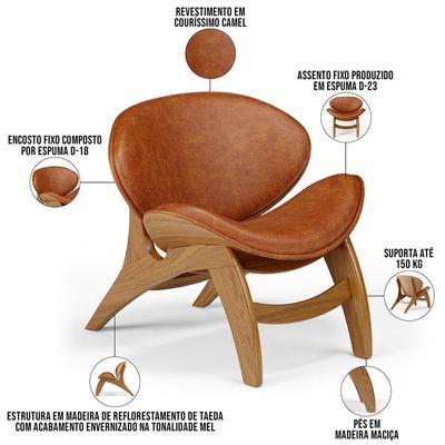 Poltrona Decorativa Orgânica Sala Living Kadosh L02 Couríssimo Camel - Lyam Decor