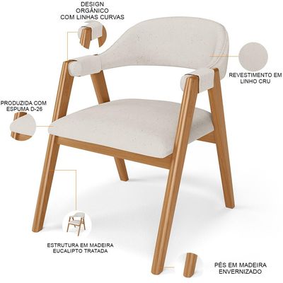 Kit 02 Cadeiras de Jantar e Estar Living Estofada Nadja L02 Linho Cru - Lyam Decor