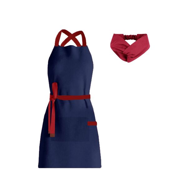 Avental e Faixa de Cabelo Azul Marinho Vermelho Chef Cozinha Avental e Faixa de Cabelo Azul Marinho Vermelho Chef Cozinha