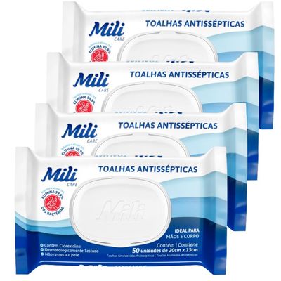 Lenço Umedecido ou Toalhas Antissépticas Mili  4 pacotes c/ 50 (total: 200 toalhas)