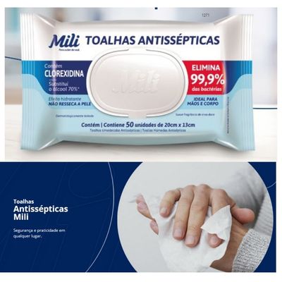 Lenço Umedecido ou Toalhas Antissépticas Mili  3 pacotes c/ 50 (total: 150 toalhas)