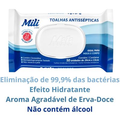 Toalhas Antissépticas Mili 16 pacotes c/ 50 (total: 800 toalhas)-sem álcool