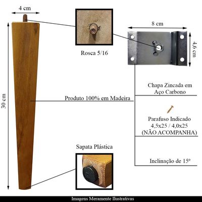 2 Pés Palito Madeira Quadrado 30cm e 2 Chapinhas Aço Inclinada 15º Mel/Zincado G75 / G59 - Gran Belo