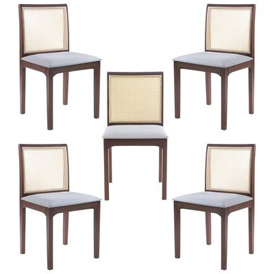 Kit 05 Cadeiras Sala de Jantar Madeira Maciça Steve Tela Rattan Sextavano Linho Cinza/Amêndoa G55 - Gran Belo