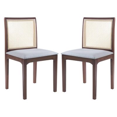 Kit 02 Cadeiras Sala de Jantar Madeira Maciça Steve Tela Rattan Sextavano Linho Cinza/Amêndoa G55 - Gran Belo
