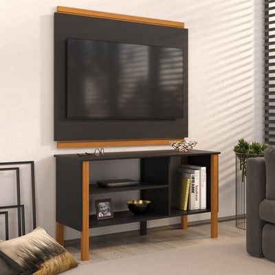 Rack Tv 32 Polegadas Com 3 Prateleiras E Painel 90cm Asteca - Preto E Cedro