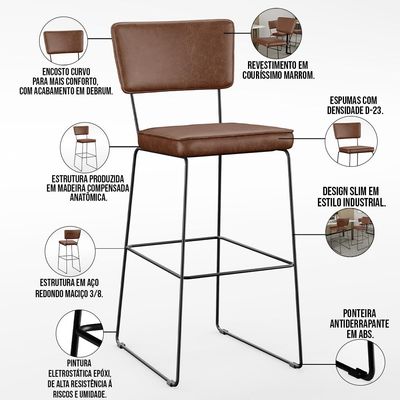 Kit 03 Banqueta Alta Cozinha Sala De Jantar Fixa Allana L02 Couríssimo Marrom - Lyam Decor