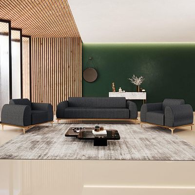 Kit Sofá 2 Lugares 150cm Com 2 Poltronas Molino Pés D'ouro D02 Linho Cinza Escuro C-416 - Lyam Decor