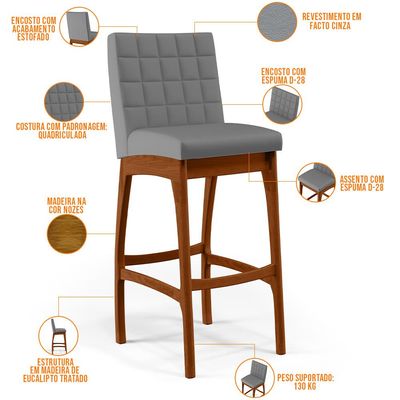 Kit 02 Banquetas Altas Para Cozinha Sala De Jantar Fixa Mila B04 Facto Cinza Fosco - Lyam Decor