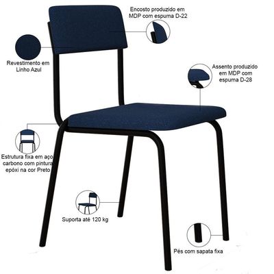 Kit 06 Cadeiras Estofada Para Sala De Jantar Sense Preto C01 Linho Azul - Lyam Decor