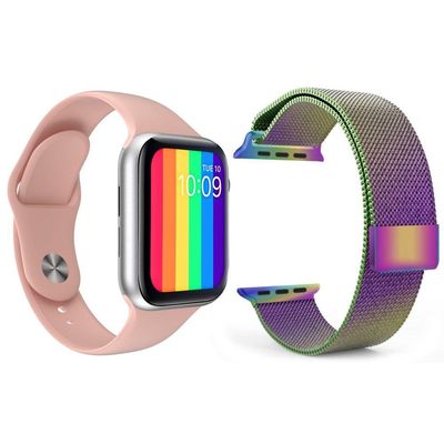 Kit 1 Smartwatch W26 Rosa + 1 Pulseira Aço Arco Íris