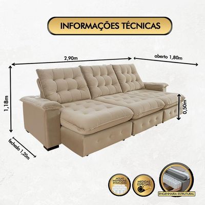 Sofá Coliseu 2.90m Retrátil E Reclinável Super Pillow Bege