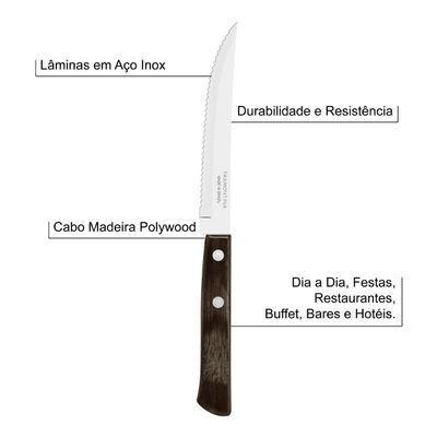 Kit 3 Facas de Churrasco Tramontina Polywood Inox Cabo Castanho