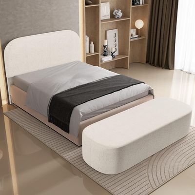 Cabeceira Cama Box Casal 140cm Lanna com Puff Recamier Doha W01 Linho Cru - Lyam Decor