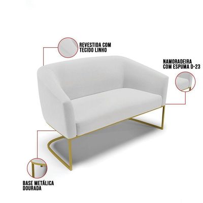 Sofá Namoradeira 2 Lugares Base Industrial Dourado Stella Linho D03 - D'rossi Cor A05 Cinza