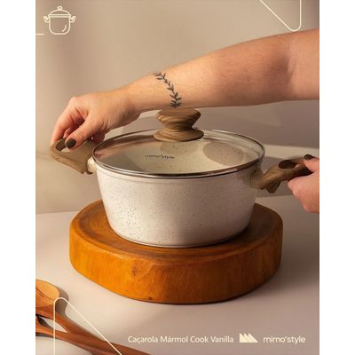 Panela Caçarola Aluminio Cerâmica Antiaderente 20cm Mimo Style Linha Marmol Fundo Triplo Indução 2,25 Litros Com Tampa De Vidro