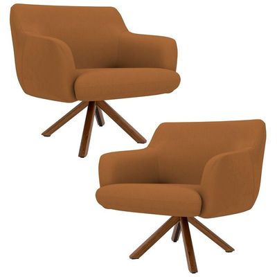Kit 2 Poltronas Giratórias Base Madeira Veludo Telha