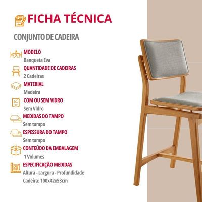 Conjunto Com 2 Banquetas Eva Moderna Luna Imbuia Natural