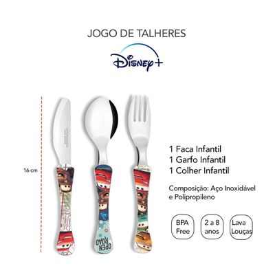 Talheres Infantil Disney Carros Garfo Faca Colher e Estojo